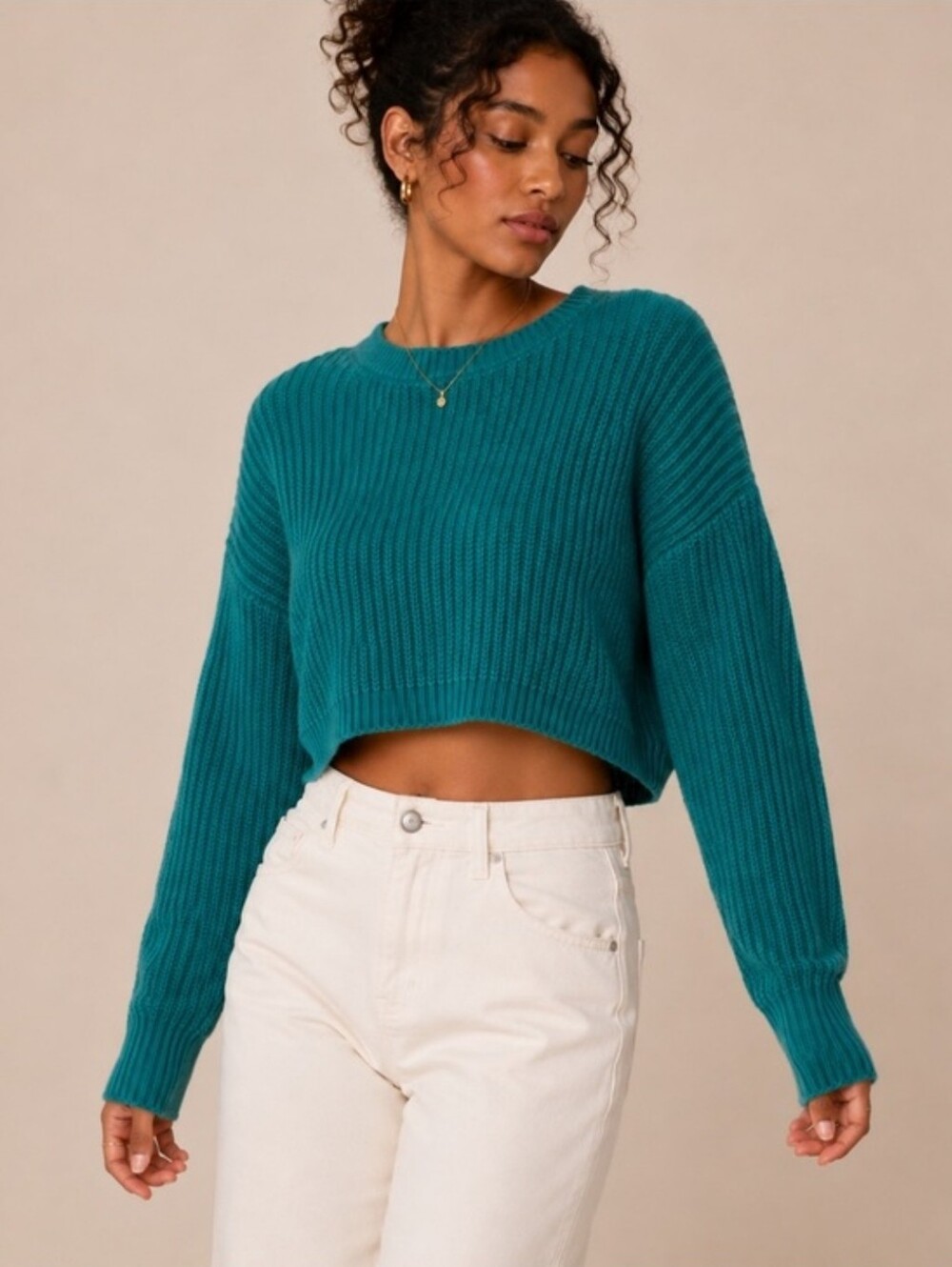 Mustard Seed Teal Cropped Crewneck Wool Blend Sweater Cozy & Soft Size S